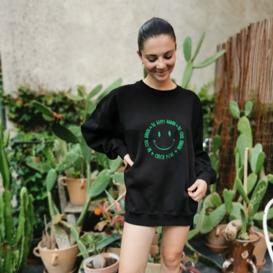 SWEAT SHIRT- BLACK- "BE HAPPY HABIBI"/GREEN- UNISEX