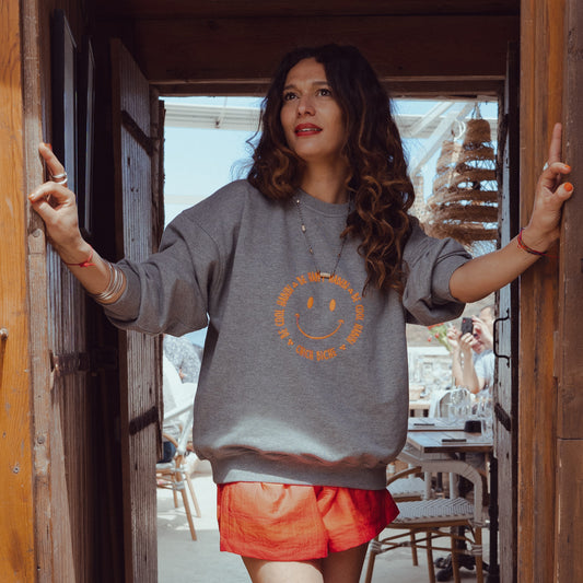 SWEAT SHIRT- GREY -"BE HAPPY HABIBI"/ORANGE-UNISEX