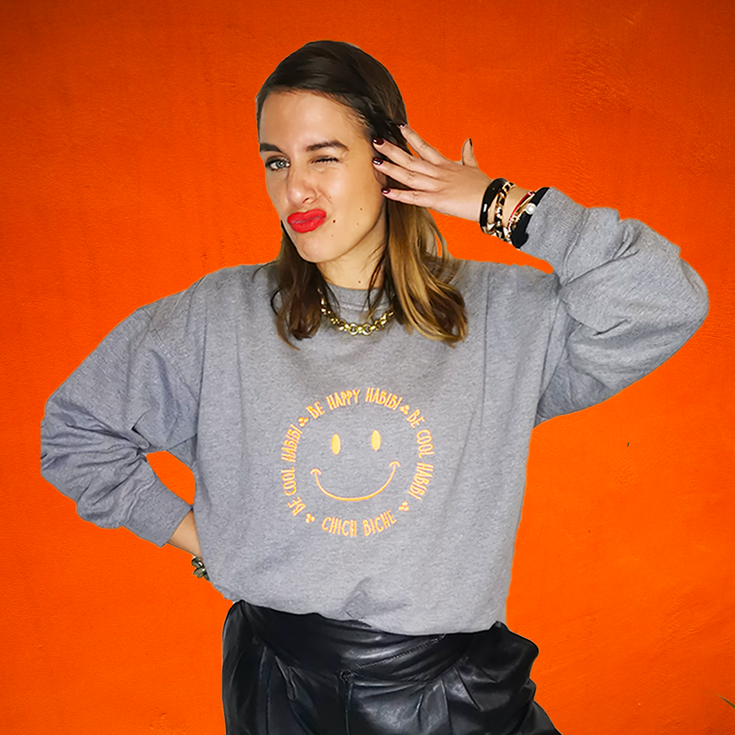 SWEAT SHIRT- GREY -"BE HAPPY HABIBI"/ORANGE-UNISEX